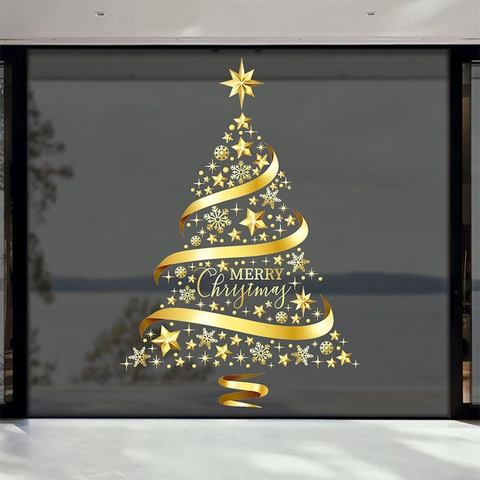 Gold Christmas Tree Window Stickers Snowflake Static Cling PVC Waterproof Decals For Glass Shop Home Festival Decor