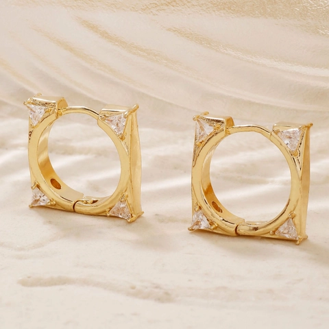 Geometric Square Huggie Hoop Earrings For Women In Copper Gold Plated With Triangle Cubic Zirconia Stones Trendy Jewelry