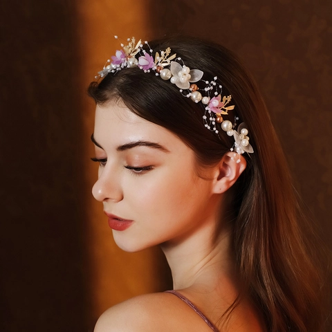 Handgemaakte Bruid Haarband Met Imitatie Kunstparels Gouden Bladeren Bloemen Kristallen Kralen Voor Bruiloft Feest Meisjes