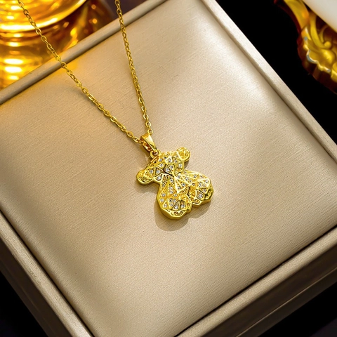 Fashion Stainless Steel Geometric Hollow Bear Pendant Necklace For Women Shiny Rhinestone Inlaid Hip Hop Trendy Clavicle Chain Jewelry