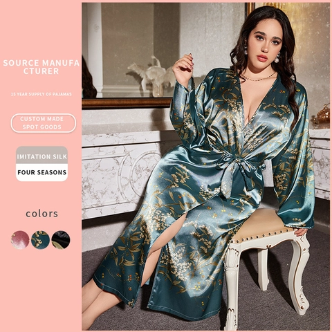Women Plus Size Satin Floral Robe Long Sleeve Kimono V Neck Loungewear Sleepwear Satin Feel Nightgown With Belt