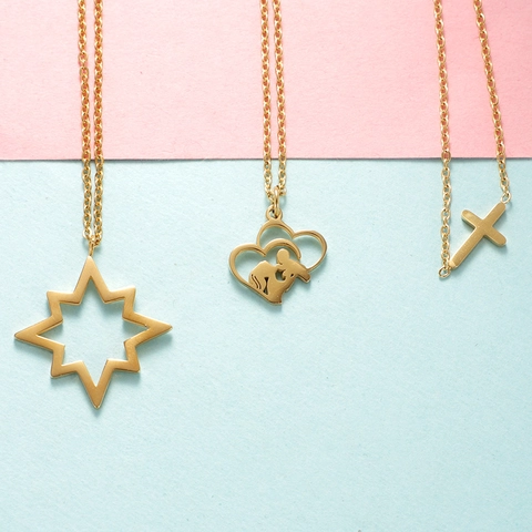 Edelstahl Halskette Mit 18K Vergoldetem Nordstern Herz Kreuz Anhänger Mode Schmuck Geschenk Für Damen Und Herren