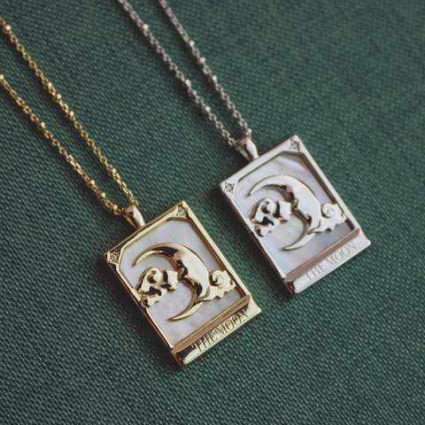 Tarot Card Pendant Necklace Copper White Mother Of Artificial Pearl Shell Star Moon Zircon Retro Charm Neck Jewelry For Women