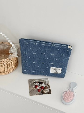 Borsa Da Trucco In Denim Vintage Ricamo Fiocco Bianco Grande Capacità Pochette Cosmetica Portatile Organizzatore Per Donne