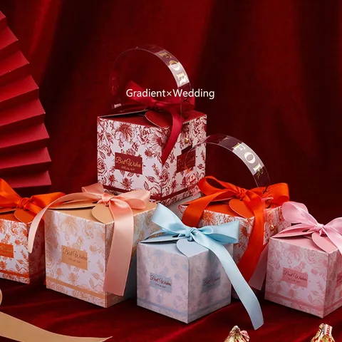 Quadratische Hochzeit Süßigkeiten Geschenkbox Blumenmuster Karton Papier Gunst Box Mit Schleife Und Griff