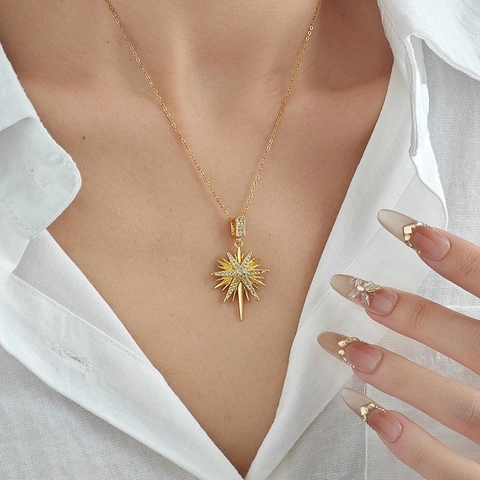 Titaniumstaal Koper Achtpuntige Ster Hanger Halsketting Voor Vrouwen Goud Zilver Vergulde Strass Sleutelbeen Ketting Sieraden