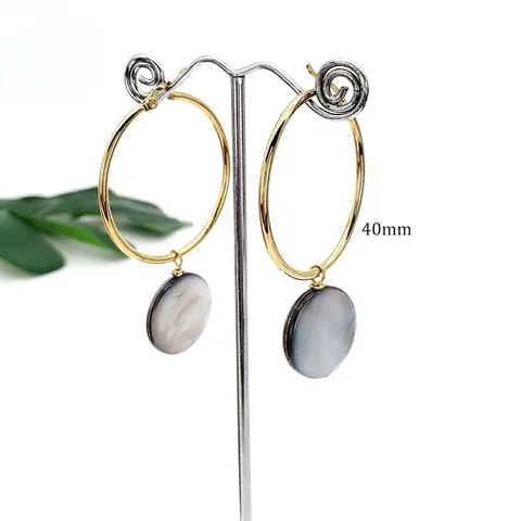 Stainless Steel Hoop Earrings With Natural Black Shell Round Pendant Minimalist Bohemian Style Jewelry For Women