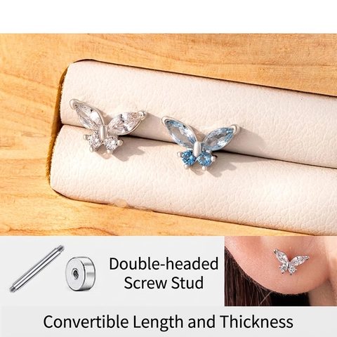 Butterfly Zircon Screw Back Stud Earrings Titanium Steel Copper Cartilage Piercing Niche Elegant Jewelry For Women
