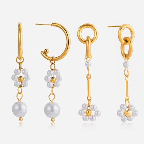 Elegante Edelstahl Künstliche Perle Blume Hängeohrringe 18K Vergoldet Modeschmuck Geschenk Für Damen