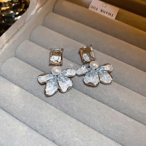 Flower Butterfly Stud Earrings With 925 Sterling Silver Earring Post Imitation Artificial Pearl Crystal Sweet Asymmetric For Women