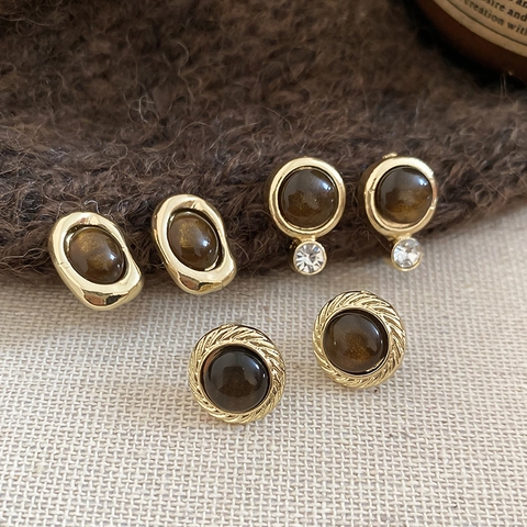 Orecchini A Lobo Vintage Francesi In Lega Con Pietra In Resina Marrone Scuro E 925 Sterling Silver Earring Post Stile