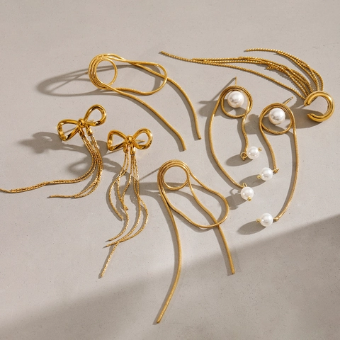 Edelstahl Quastenohrringe Für Damen 18K Vergoldet Schleife Künstliche Perle Geometrische Lange Hängeohrringe Schmuck