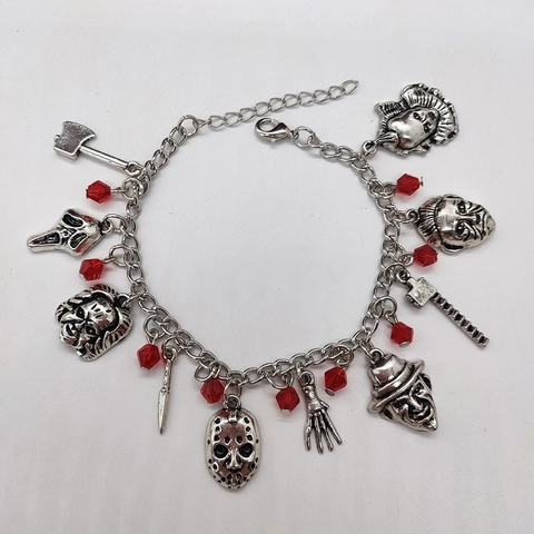 Bracciale Con Ciondoli Tema Film Horror Lega Argento Antico Con Perle Rosse Gioielli Gotici Halloween