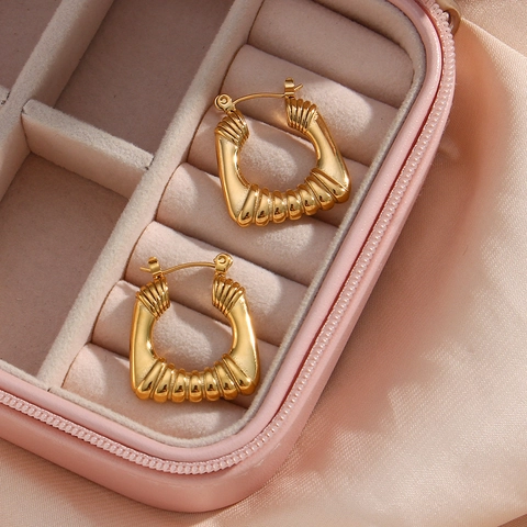 Orecchini a Cerchio Quadrati Cavi in Acciaio Inossidabile Retrò per Donna Placcati in Oro 18K Geometrici Testurizzati Gioielli