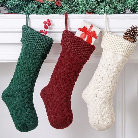 Calze Di Natale In Maglia A Trecce Ornamento Appeso Decorazione Camino Sacchetti Regalo Caramelle Grandi Tinta Unita