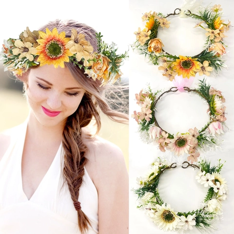 Sonnenblume Blumenkranz Stirnband Simulation Rose Beere Tuch Rattan Band Hochzeit Party Foto Wald Gothic Stil Damen
