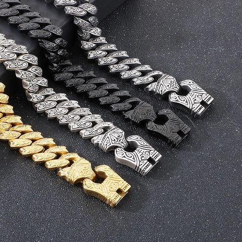 Bracciale Da Uomo In Acciaio Inossidabile Retro Inciso Catena Cubana Hip Hop Punk Stile Vichingo Motivo Rilievo