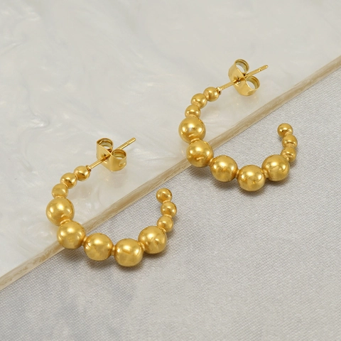 Boucles D'oreilles Créoles En Forme De C À Perles Dégradées Plaquées Or 18 Carats En Acier Inoxydable Poli Pour Femmes
