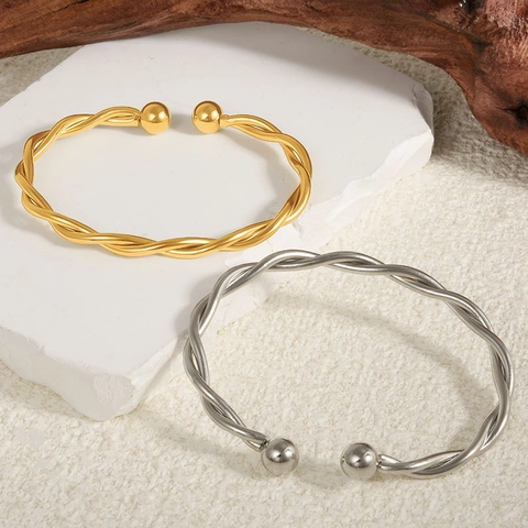 Bracciale Rigido in Acciaio Inossidabile Torciglione per Donna Minimalista Aperto Regolabile Placcato Oro 18K Gioielli