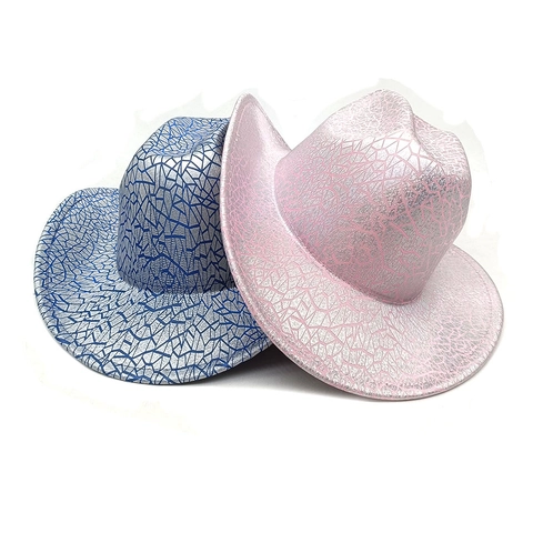 Western Cowboy Hat Metallic Cracked Pattern Shiny Polyester Wide Brim Festival Party Music Performance Headwear