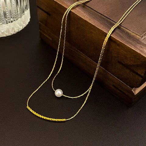 Copper Double Layer Necklace With Imitation Artificial Pearl And Textured Curved Tube Clavicle Chain Elegant Jewelry For Women