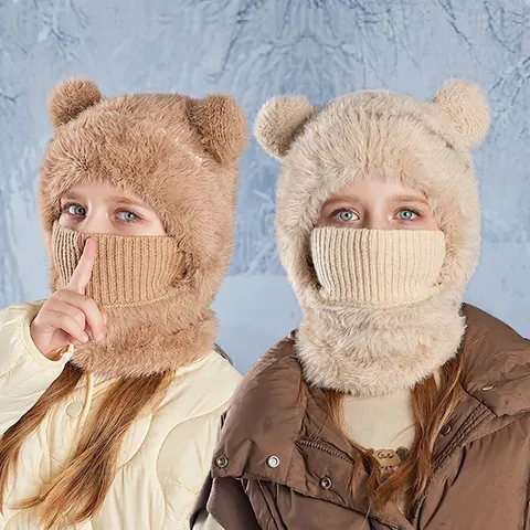 Niños Invierno Integrado Pasamontañas Sombrero Bufanda Máscara Felpa Piel Sintética Cálido Resistente Al Viento Espesado Protección Para Los Oídos Orejas De Oso Niño