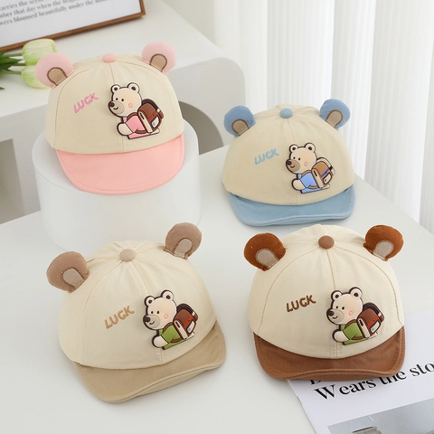 Baby Baseball Cap Cotton Canvas With Dimensional Bear Ears Cartoon Patch Adjustable Sun Hat For Toddler Infant Boys Girls