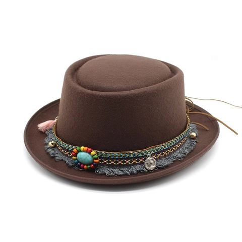 Bohemian Wool Felt Fedora Hat Flat Top Wide Brim With Turquoise Tassel Ethnic Band Vintage Western For Men Women