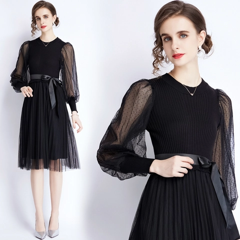 Elegante Abito Midi In Maglia Nero Con Maniche A Lanterna In Mesh A Pois E Cintura Con Fiocco Plissettato