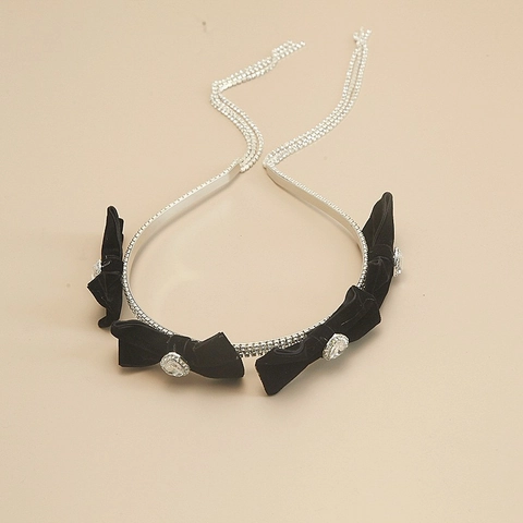 Diadema Con Borla De Strass Lazo Negro Corazón Cristal Terciopelo Flocado Aro Para El Pelo Estilo Coreano Dulce Elegante