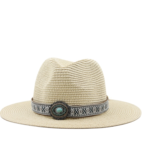 Cappello Di Paglia Fedora Tesa Larga Estate Sole Spiaggia Etnico Fascia Turchese Bohemian Vintage Viaggio Esterno Unisex