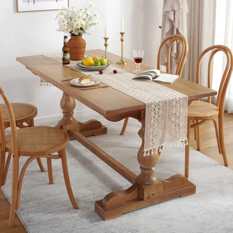 Chemin de Table Vintage au Crochet Beige Dentelle Ajourée Avec Glands Style Américain Mélange de Coton Décor de Table à Manger Mariage Fête