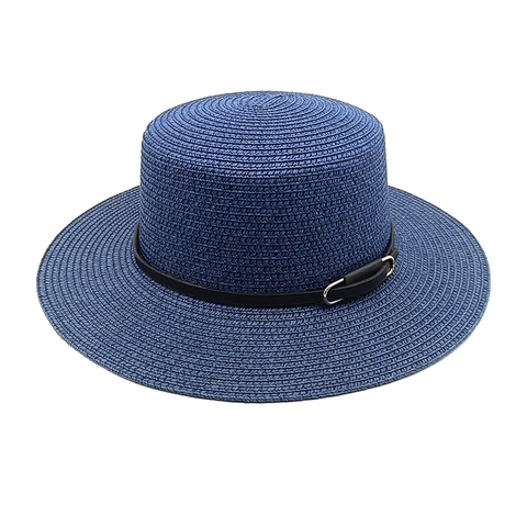 Women Straw Boater Hat Flat Top Wide Brim Sun Protection Breathable Beach Vacation Summer With Leather Belt Buckle