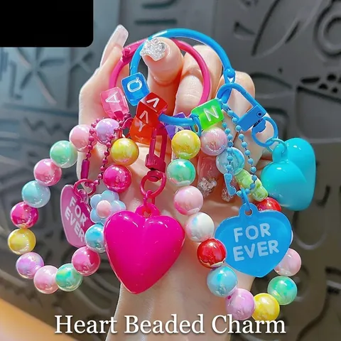 Cute Heart Colorful Beaded Keychain Acrylic Macaron Color Letter Bag Pendant Charm For Ever Heart Keyring For Women Girls Gift
