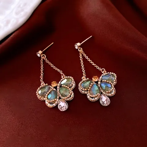 Butterfly Drop Earrings Vintage Ethnic Copper With Glass Stones And Silver Earring Post Long Chain Tassels Elegant