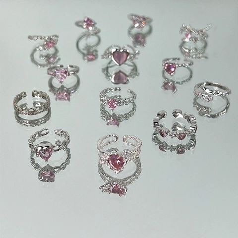 Anillo Abierto Ajustable De Lazo Corazón Zircón Rosa Cobre Metal Joyería De Moda Elegante Regalo Para Mujeres