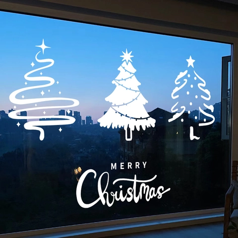 Christmas Tree Window Stickers White Minimalist Static Cling PVC Glass Decals Merry Christmas Double Sided Holiday Decor