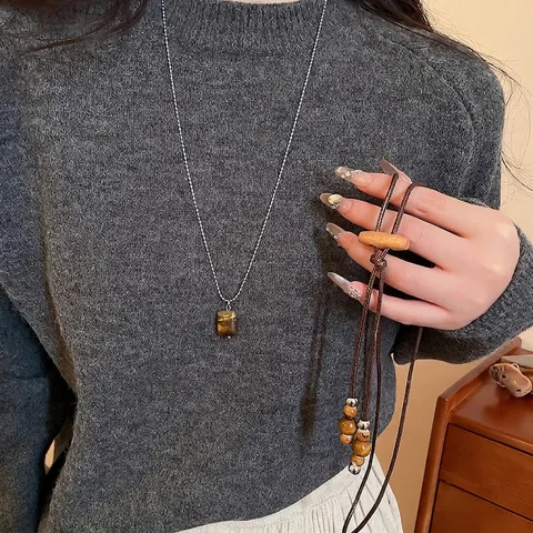 Retro Ethnic Tiger Eye Stone Pendant Long Necklace With Wood Beads And Wax Rope Or Metal Bead Chain For Women