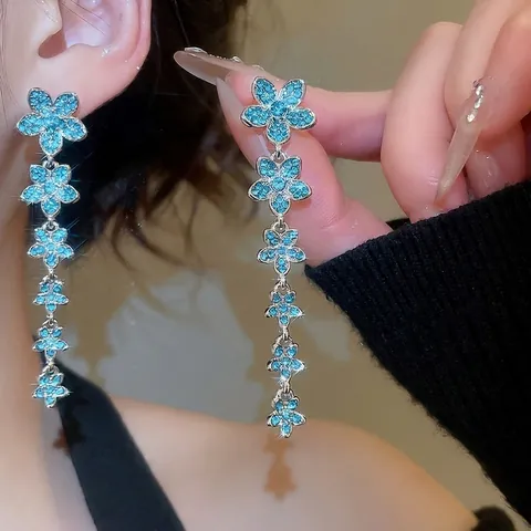 Elegantes Pendientes Colgantes De Borla Larga Con Flores Azules Y Poste De Plata De Ley 925 Joyas De Aleación