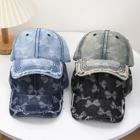 Casquette De Baseball En Denim Lavé Jacquard Papillon Bords Effilochés Distressed Rétro Chapeau De Soleil Ajustable Pour Hommes Femmes