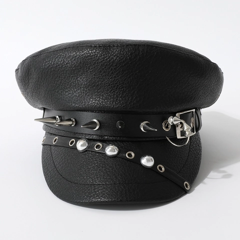 Chapeau Militaire Plat Punk Cuir PU Rivets Argentés Pointes Casquette Marin Style Gothique Rock Réglable