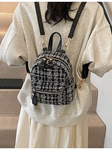Small Backpack Tweed Boucle Grid Pattern Fashion Elegant Rucksack For Women Girls Korean Style Chic