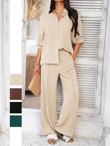 Completo Casual Da Donna Camicia A Maniche Lunghe Testurizzata In Tinta Unita E Pantaloni A Gamba Larga