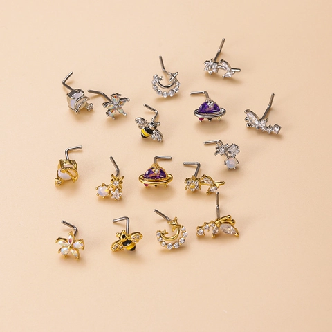 Fashion Nose Stud Stainless Steel L-Shape Bar Colorful Zircon Flower Butterfly Star Moon Piercing Jewelry For Women