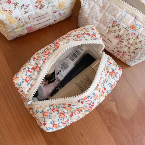 Borsa Da Toilette In Cotone Trapuntato Floreale Organizzatore Da Viaggio Pochette Con Cerniera Stile Pastorale Fresco