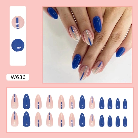 Press On Nails Almond Shape Blue Pink Contrast Silver Glitter Lines Glossy False Nails Artificial Finger Nails For Women