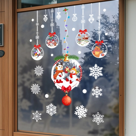 Christmas Window Clings Static Stickers Snowman Snowflake Ornament PVC Glue Free Double Sided Glass Decoration Holiday Shop