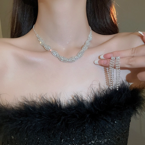 Collana Bracciale E Orecchini Lunghi Con Frange In Lega Con Strass Intrecciato Gioielli Eleganti Scintillanti Per Donna Festa