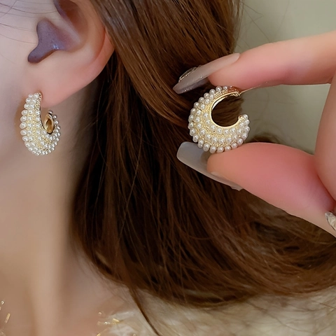 Vintage C-Shape Hoop Stud Earrings Alloy With Faux Artificial Pearl And Rhinestone French Style Jewelry For Women