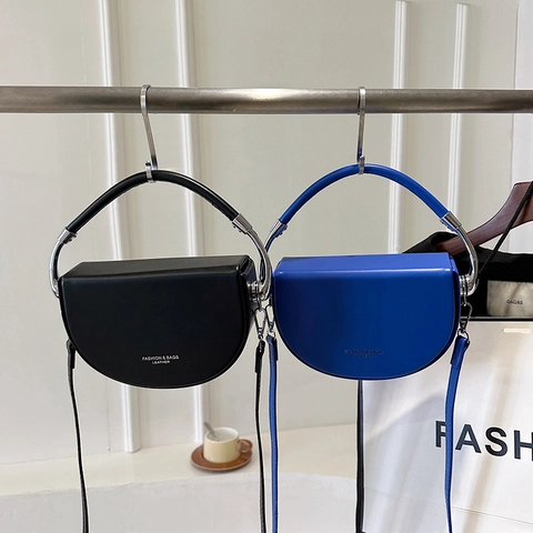 Fashion Saddle Shoulder Bag PU Leather Half Moon Handbag With Metal Handle Solid Color Crossbody Bag For Women